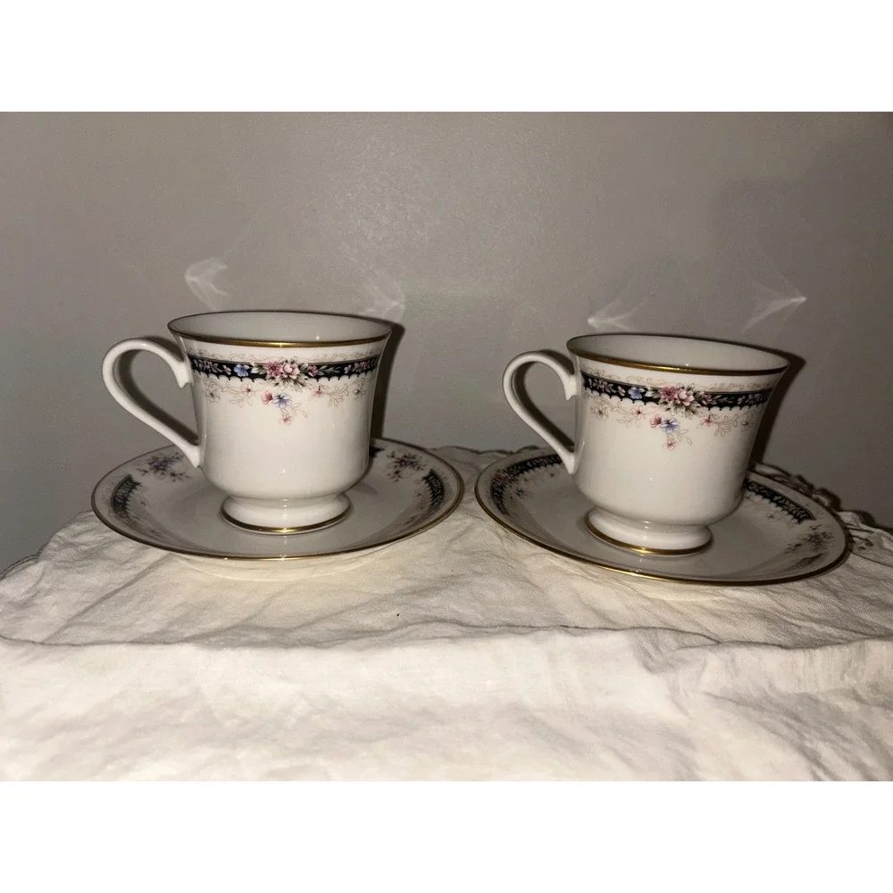 Gorham Nocturne Fine China Tea Cup and Saucer Set 24KT Gold Trim Japan 2 Sets